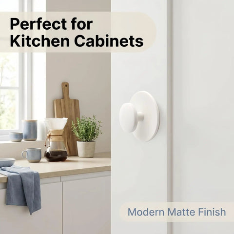 Hassle Free No Drill Cabinet Handles And Peel And Stick Knobs In Matte White for kitchen cabinet close-up with modern design.