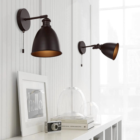 Oil Rubbed Bronze Farmhouse LED Wall Sconce Duo With Pull Chain Slick Industrial Bedroom Lighting 6.5 Inch Metal Shade