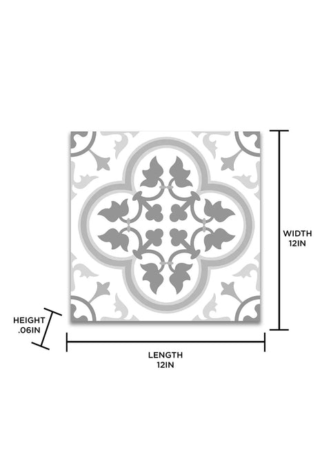 Remy Peel And Stick Vinyl Floor Tiles Gray, Water Resistant And Washable, 12x12 inches, 0.06 inch thick, decorative pattern design