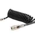 Heavy Duty Rubber Inflator Extension Hose With Bend Limiter For Air Compressors, black coiled design, steel quick connect fittings.