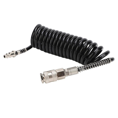 Heavy Duty Rubber Inflator Extension Hose With Bend Limiter For Air Compressors, black coiled design, steel quick connect fittings.