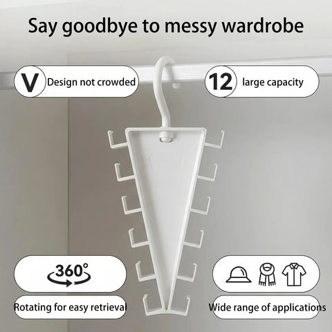 Slick V Shaped Double Sided Clothes Hanger With Twelve Hooks For Dig Free Closet Organization And Rotating Wardrobe Storage showing V design and rotating feature.