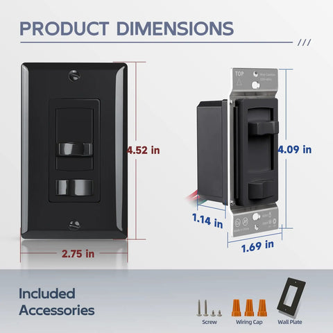 Black In Wall Dimmer Switch With 3 Way And Single Pole Control Smooth Dimming dimensions and accessories shown