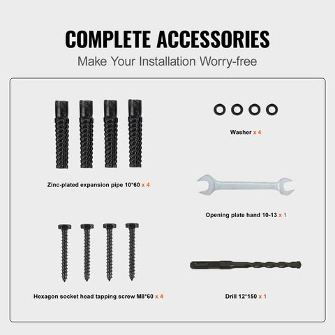 Complete accessory kit for Rock Solid Heavy Duty Outside Step Railing with zinc-plated pipes, screws, washers, and drill.