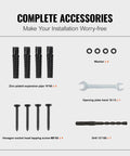 Complete accessories for installation of Rock Solid Floor Mounted Stair Handrail, including screws, washers, and tools.