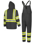 Back view of High Visibility Lightweight Waterproof Safety Rain Suit Featuring Reflective Work Jacket And Heavy Duty Bib Pants.