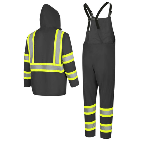Back view of High Visibility Lightweight Waterproof Safety Rain Suit Featuring Reflective Work Jacket And Heavy Duty Bib Pants.