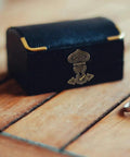 Chic Vintage Bronze Hasp Latch Clamp For Antique Wood Boxes on a black jewelry box with wooden background.