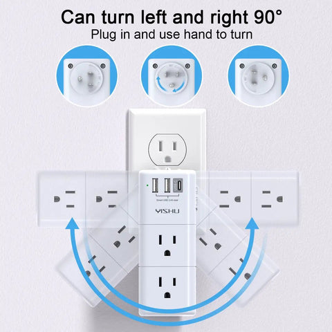 Six Outlet USB Power Strip With Surge Protector And Rotating Plug, 3 USB Ports, 3-Sided Swivel Design