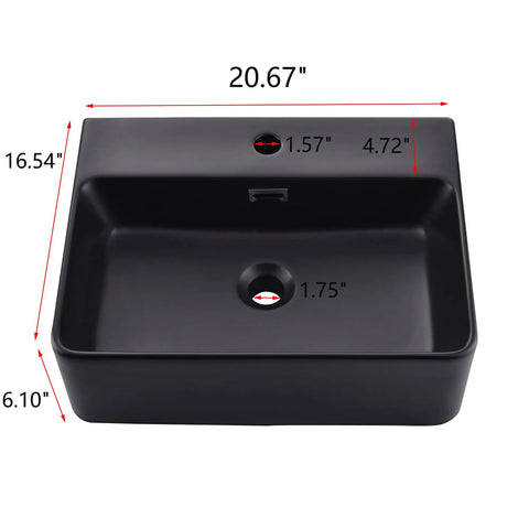 Black Ceramic Rectangular Wall Mount Sink 21 By 17 Inches Vessel Style Bathroom Vanity With Sleek Modern Floating Or Countertop