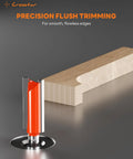 Carbide Straight Router Bit Set With One Quarter Inch Shank Nine Size Pack For Woodworking Includes One Eighth Five Thirty Seconds Three Sixteenths One Quarter Five Sixteenths Three Eighths One Half Five Eighths Three Quarters Inch Cutting Diameters For, shown with red router bit and wood block for precise trimming.