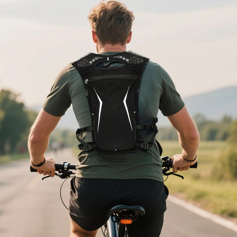 Cyclist wearing Hydration Vest Water Backpack For Running And Hiking Lightweight Reservoir Pack with breathable back panel