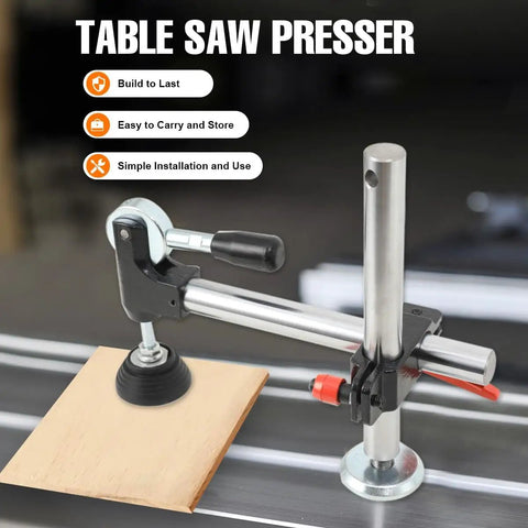 Dead Legit Sliding Table Saw Clamp And Presser Featuring Rugged Cast Iron Build With Comfy Anti Slip Grip For Precision Woodworking Shop Ready Workhorse with black handle and wooden material