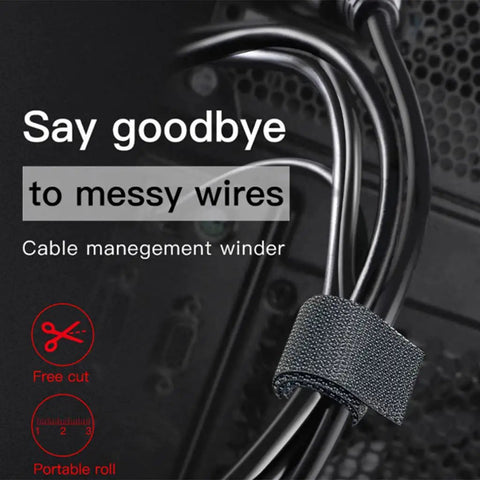 Self Adhesive Cable Management Hoop With Sticky Wire Organizer Keeps Your Desk Slick And Tidy Game Changer Tear Off Nylon Cord Wrap Kit For Home Office In Black, featuring a black nylon cord wrap holding multiple wires.