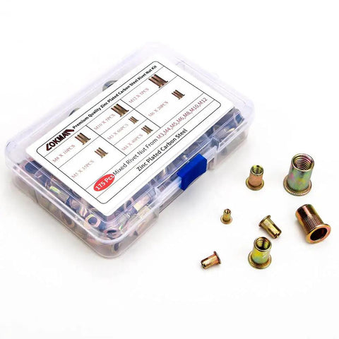 Beefy 175 Piece Rivet Nut Kit Set With Metric M3 To M12 Sizes In Carbon Steel Zinc Plated Flat Head And Knurled Body For Rust Resistant Heavy Duty Use On Sheet Metal Steel Aluminum Plastic LOKMAN