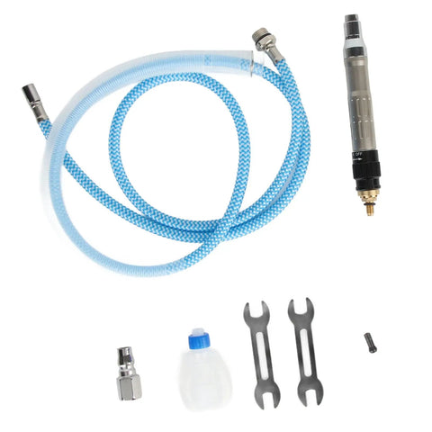Solid Kickass Pneumatic Pencil Die Grinder Air Tool Kit Running At 70000 RPM with hose, wrenches, and accessories for metalwork.