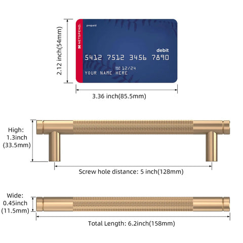 Champagne Bronze Knurled Kitchen Cabinet Pull Handles Set Of 10 For Cupboards And Drawers, 5 Inch Center, size comparison with card.