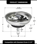 Kitchen Sink Basket Strainer Replacement For Standard Drains 3.25 Inch Chrome Plated Stainless Steel With Rubber Stopper dimensions