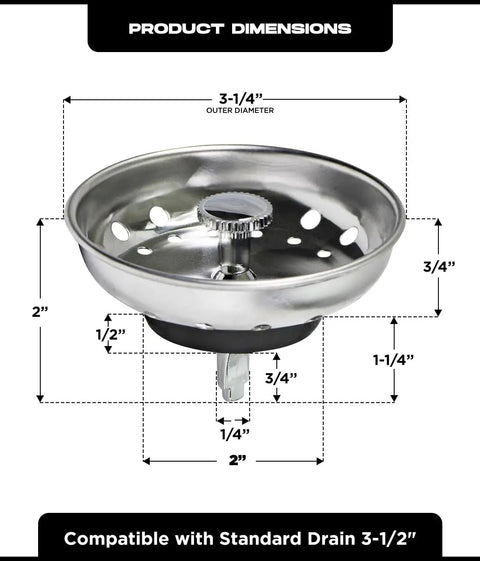 Kitchen Sink Basket Strainer Replacement For Standard Drains 3.25 Inch Chrome Plated Stainless Steel With Rubber Stopper dimensions