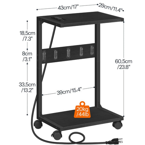 Under Desk CPU Stand With Charging Station Two Tier Mobile Computer Tower Cart With Lockable Wheels That Fits Most Desktops For Home Office Black Easy Assembly Included, black two-tier cart with dimensions and capacity shown