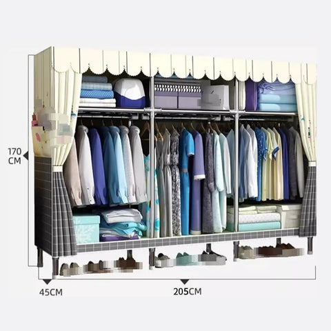 Heavy Duty Portable Wardrobe Closet With Zipper Dust Shield Cover And Sturdy Hanging Rods Plus Spacious Shelves displaying organized clothing and accessories.