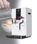 Heavy Duty Automatic Milk Steamer And Commercial Coffee Frother With Electric Steam For Next Level Creamy Microfoam Solid Stainless Steel Housing Straight Up Built Tough In Sleek White Finish 220 Volt with various nozzles.