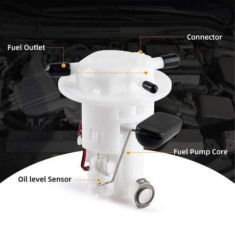 Electric Fuel Pump Assembly For Honda CBR250R CBR250RA CB300F CB300R CB300RA 2011 2016 Low Noise Quiet Operation Replaces 16700 KYJ 901 16700KYJ901 Plug And Play Fuel Delivery Upgrade, showing fuel outlet, connector, and oil level sensor