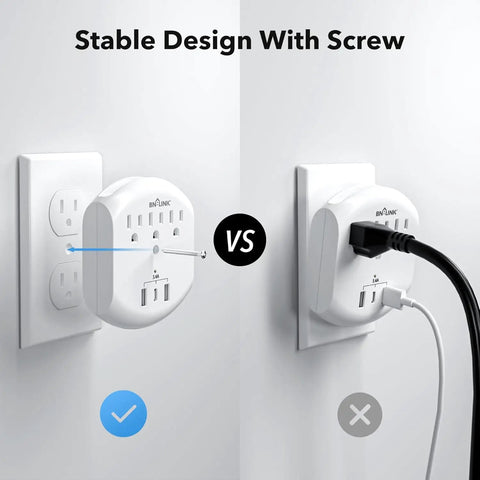 Comparison of Six In One Outlet Extender With Three USB Ports And Three Grounded Outlets, Dusk To Dawn Night Light showing stable design.