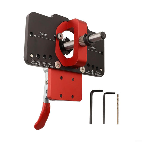 35mm Jig Drill Guide For Hinges With Adjustable Offsets And Premium Aluminum Construction, showing anti-corrosive drill bit and tools.