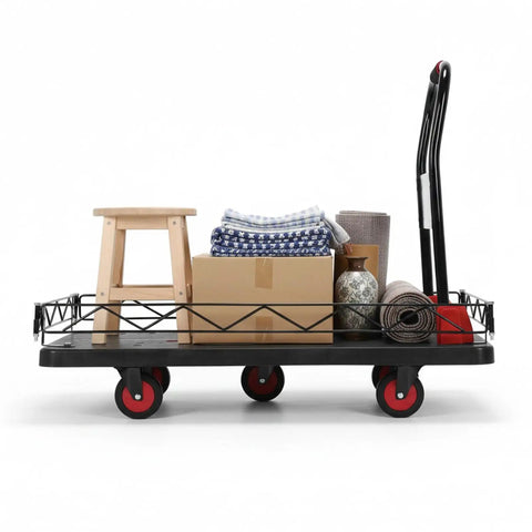 Rock Solid Heavy Duty 2 In 1 Folding Platform Cart With Silent TPR Wheels Detachable Wire Fence loaded with boxes and items.