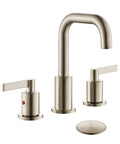 Brushed Gold Sleek 8 Inch Widespread Bathroom Faucet With Two Handles High Arc Spout Pop Up Drain 3 Hole Vanity Sink Faucet 360 Degree Brass Swivel Waterway No Drip CUPC NSF Certified in brushed nickel finish shown.