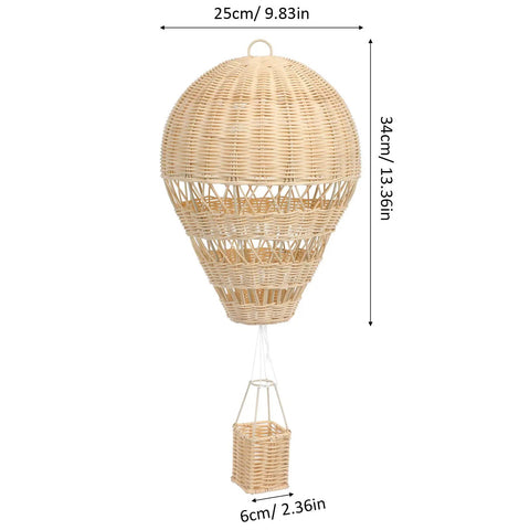 Rattan Woven Hot Air Balloon Wall Decor For Kids Room, beige woven, handcrafted rattan, 34 cm tall, cute nursery ornament.