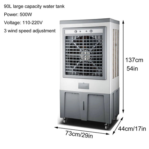 Heavy Duty Industrial Evaporative Air Cooler With 90L Water Tank, 137cm tall, 3 wind speed adjustment, portable design for outdoor use.