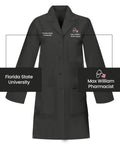 Personalized Black Lab Coat For Men And Women, Unisex Medical Lab Coat With Embroidery, 40 Inch Executive Length, shown with name embroidery.