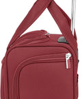 Side view of red Underseat Carry On Bag With Expandable Design Softside Travel Case with telescoping handle extended.