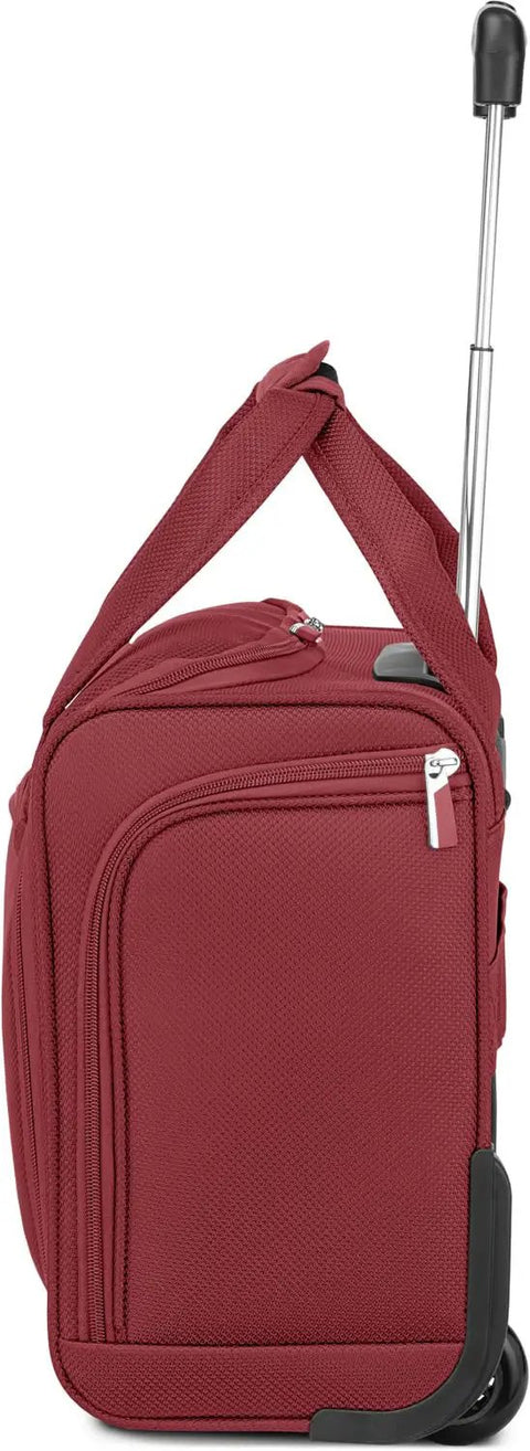 Side view of red Underseat Carry On Bag With Expandable Design Softside Travel Case with telescoping handle extended.
