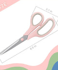 8.5 Inch Pastel Scissors with pink soft grip handle, ultra sharp stainless steel, heavy duty shears for lefty and righty, size diagram