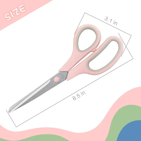 8.5 Inch Pastel Scissors with pink soft grip handle, ultra sharp stainless steel, heavy duty shears for lefty and righty, size diagram