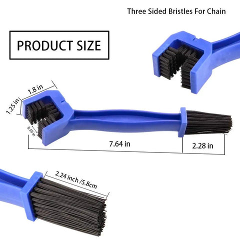 All In One Chain Cleaner Tool Set For Motorcycle And Bicycle Maintenance with 3 Sided Brush Heads, size details shown