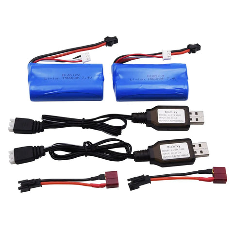 Two Pack 7.4V 1500mAh Li-ion RC Battery With SM-2P Plug, T Adapter And USB Cable For H101 H103 H105 RC Boats And Trucks
