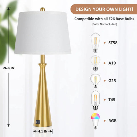 Two Dope Gold Table Lamps With USB Ports and Rotary Switch, 26 Inch Tall Brass Nightstand Lamps with White Fabric Shade shown