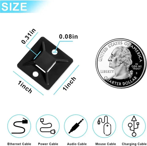 Heavy-Duty Adhesive Cable Tie Mounts 400 Pack self-adhesive wire clips with size comparison to a quarter.