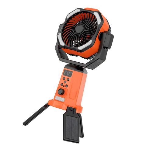 Orange Portable Camping Fan with Built In Power Supply Three Speed Settings Lightweight ABS Plastic Body Anti Slip Base