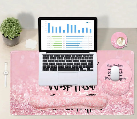 4-In-1 Gaming Desk Pad Set With Keyboard And Mouse Wrist Rests Coaster And Large Desk Mat Pink for Home Office