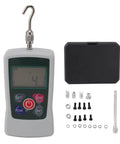 Portable Push Pull Force Gauge For Quick Tension Testing Battery Powered Mini Dynamometer With Built In Sensor 50 To 500N Compact Digital Load Tester For Material Science QC And Product Development, with hook, case, and accessories