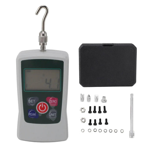 Portable Push Pull Force Gauge For Quick Tension Testing Battery Powered Mini Dynamometer With Built In Sensor 50 To 500N Compact Digital Load Tester For Material Science QC And Product Development, with hook, case, and accessories