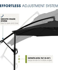 10 Foot Patio Cantilever Umbrella With Sandbag Base Included and easy tilt and crank adjustment system, black fabric.