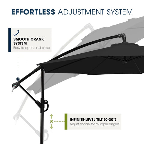 10 Foot Patio Cantilever Umbrella With Sandbag Base Included and easy tilt and crank adjustment system, black fabric.