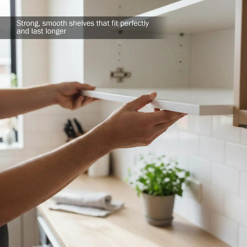 Premium Custom Melamine Cabinet Shelves Built Tough With One Half Or Three Quarter Inch Thick Panels Perfectly Cut To Size For Kitchen Pantry Closet And Home Office Storage Upgrades In Classic Finishes, being installed with care.