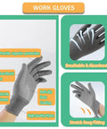 Gray work gloves with anti-slip dot coating, providing superior protection, breathable, dirt-resistant, stretch snug fitting.